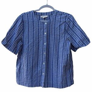 Appleseeds Blue&white Stripe Button Down Short Sleeve Blouse Women Size L